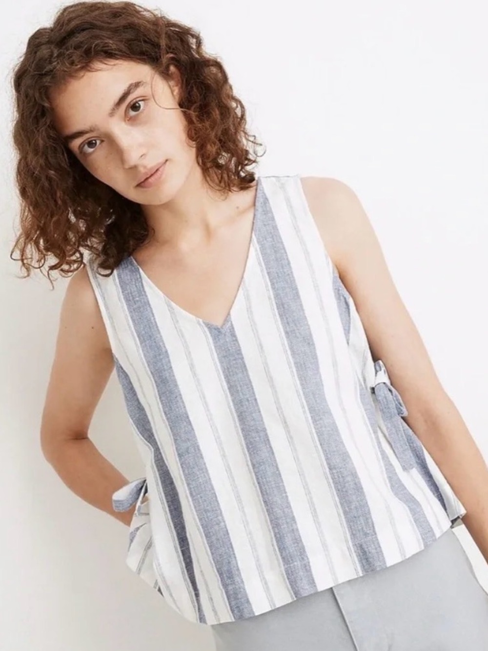 Madewell Linen Blend Side Tie Boho Tank Top Striped Blue White Sleeveless Size S